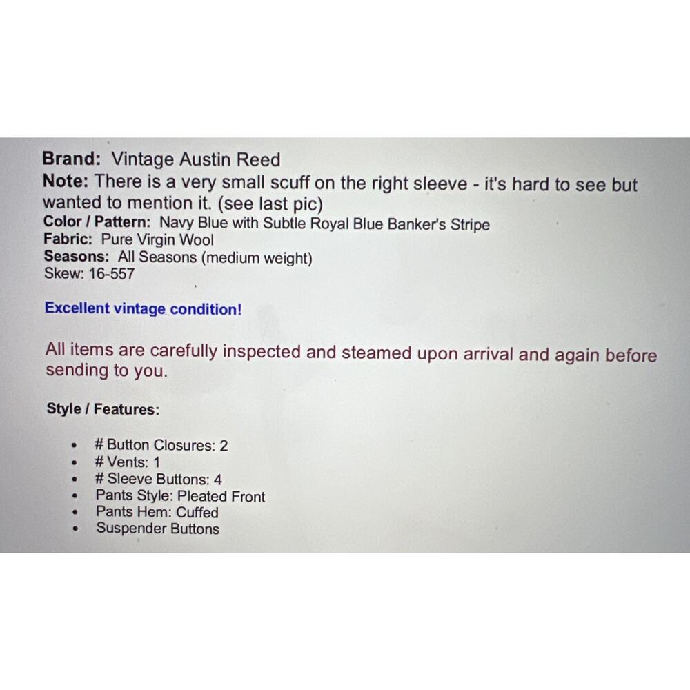 Vintage Austin Reed Suit 44L 38x29.5 Navy Blue Royal Banker's Stripe Virgin Wool - Picture 2 of 16